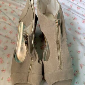 Tan and cream suede heels with gold zipper detail